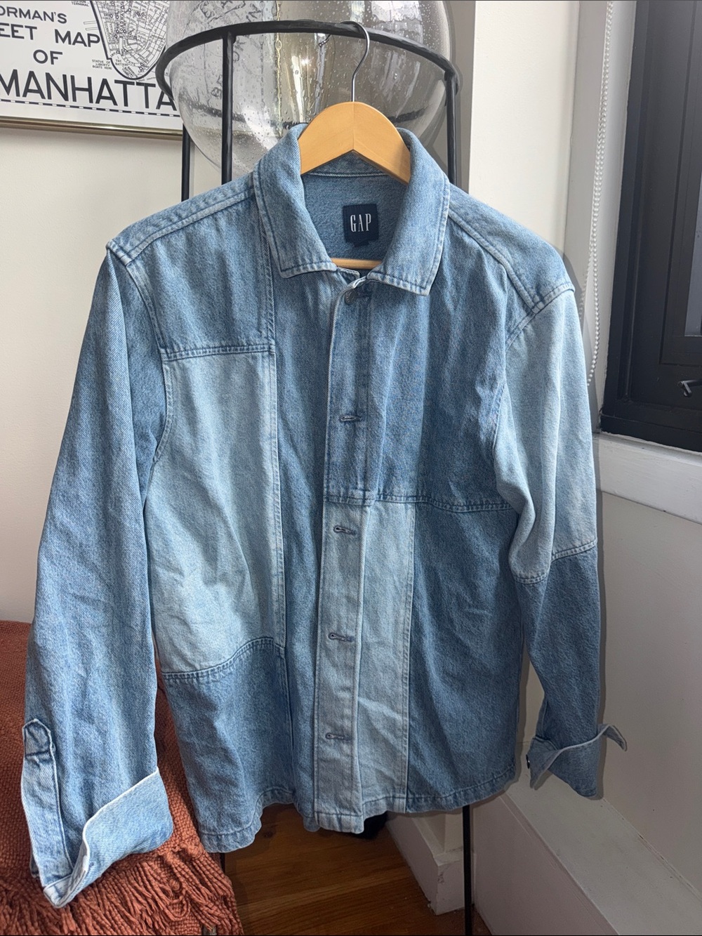 GAP Men's Patchwork Oversized Blue Denim Shirt Jacket